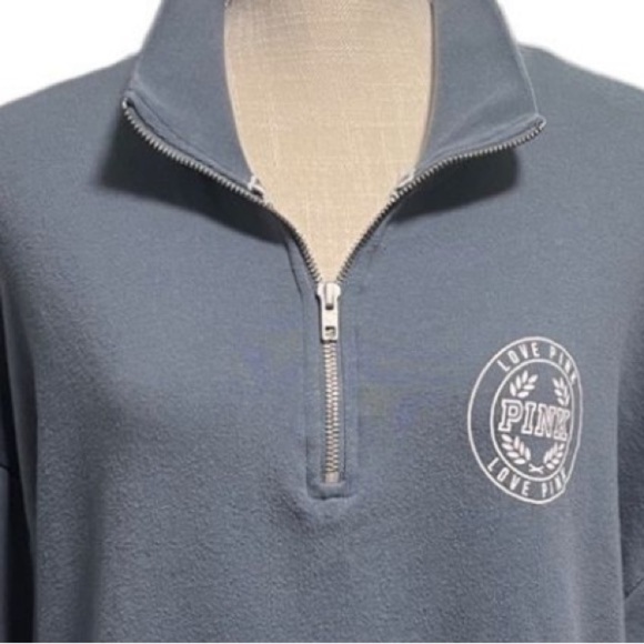 Victorias Secret Pink Casual quarter Zip blue gray pullover logo sweatshirt top - Picture 2 of 6